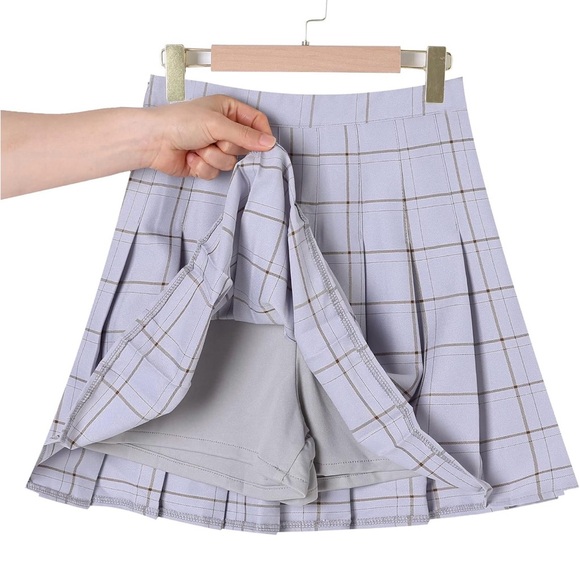 High Waisted A-line Pleated Skater Tennis Skirt Blue Gray Brown Stripe - Picture 3 of 10